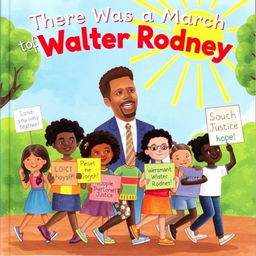 A vibrant children's book cover titled 'There Was a March for Walter Rodney', featuring a lively and colorful illustration of children of diverse backgrounds peacefully marching together