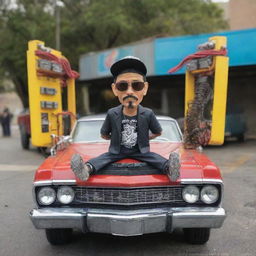 A cool character installation of a Cholo, styled in a Lowrider theme, securely holding a hydraulics switch box in both hands. A wire from the box follows a creative trail, shaping down and curving upwards to form the letter 'S' for 'Switchman Hydraulics'.