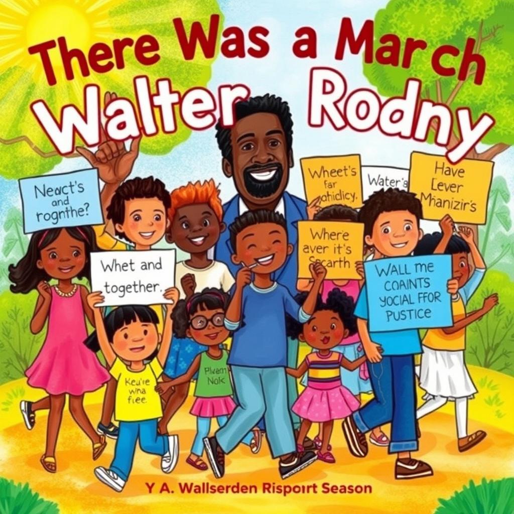 A vibrant children's book cover titled 'There Was a March for Walter Rodney', featuring a lively and colorful illustration of children of diverse backgrounds peacefully marching together