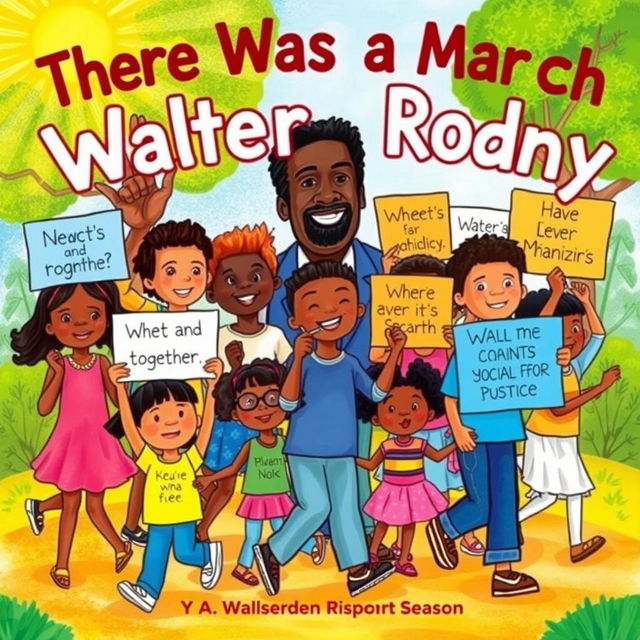 A vibrant children's book cover titled 'There Was a March for Walter Rodney', featuring a lively and colorful illustration of children of diverse backgrounds peacefully marching together