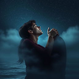 A poignant romantic scene featuring a young adult man aged 18 to 21, appearing to fade away as he shares an intimate kiss with his partner under a starlit sky