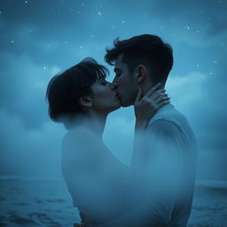 A poignant romantic scene featuring a young adult man aged 18 to 21, appearing to fade away as he shares an intimate kiss with his partner under a starlit sky