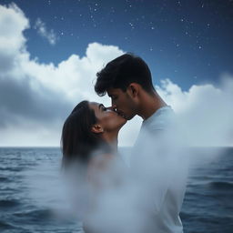 A poignant romantic scene featuring a young adult man aged 18 to 21, appearing to fade away as he shares an intimate kiss with his partner under a starlit sky