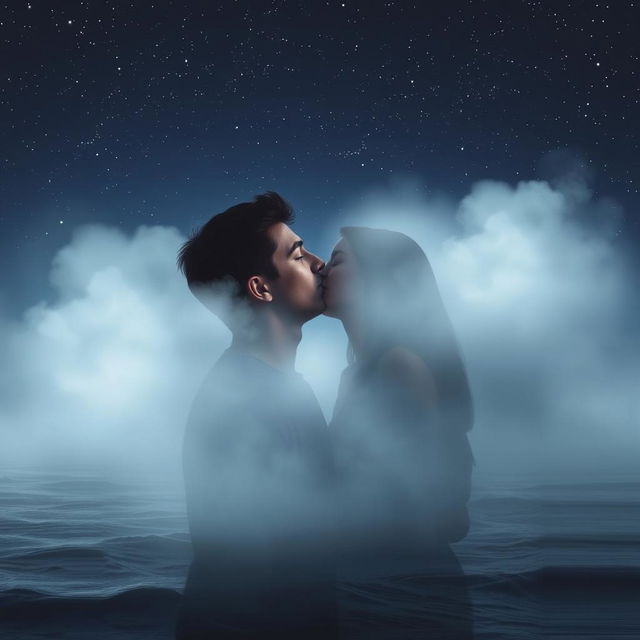 A poignant romantic scene featuring a young adult man aged 18 to 21, appearing to fade away as he shares an intimate kiss with his partner under a starlit sky