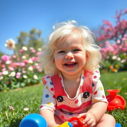 A child with wavy, white hair, wearing a playful outfit, smiling joyfully in a sunny park setting