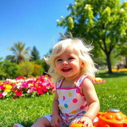 A child with wavy, white hair, wearing a playful outfit, smiling joyfully in a sunny park setting