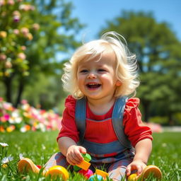A child with wavy, white hair, wearing a playful outfit, smiling joyfully in a sunny park setting