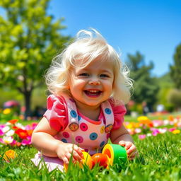 A child with wavy, white hair, wearing a playful outfit, smiling joyfully in a sunny park setting