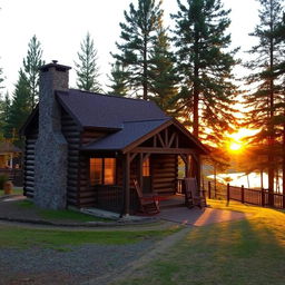 A rustic wooden cabin nestled in a serene forest setting, surrounded by tall evergreen trees