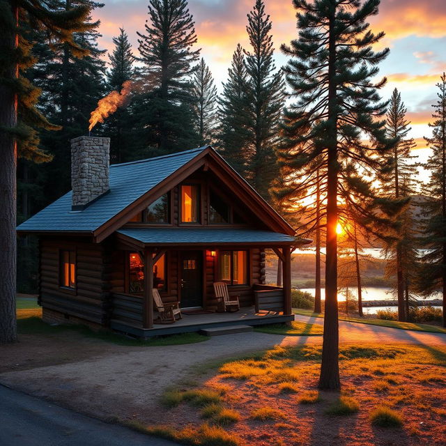 A rustic wooden cabin nestled in a serene forest setting, surrounded by tall evergreen trees