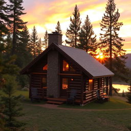 A rustic wooden cabin nestled in a serene forest setting, surrounded by tall evergreen trees