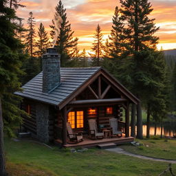 A rustic wooden cabin nestled in a serene forest setting, surrounded by tall evergreen trees