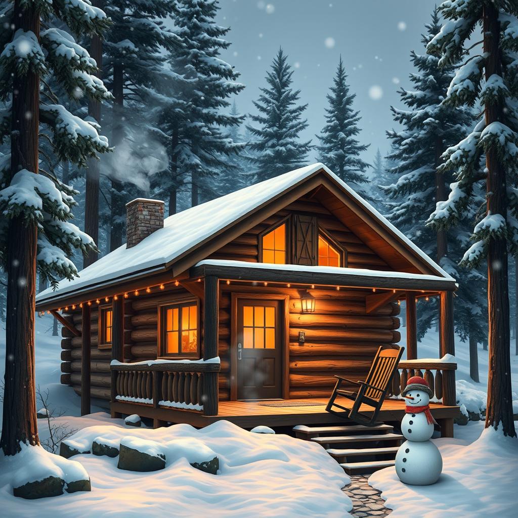 A cozy wooden cabin nestled among tall pine trees, surrounded by a snowy landscape