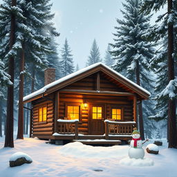 A cozy wooden cabin nestled among tall pine trees, surrounded by a snowy landscape