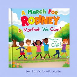 A colorful children's book cover featuring a diverse group of children holding hands and marching joyfully in a vibrant park setting