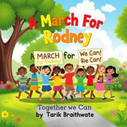 A colorful children's book cover featuring a diverse group of children holding hands and marching joyfully in a vibrant park setting