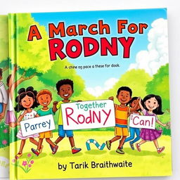 A colorful children's book cover featuring a diverse group of children holding hands and marching joyfully in a vibrant park setting