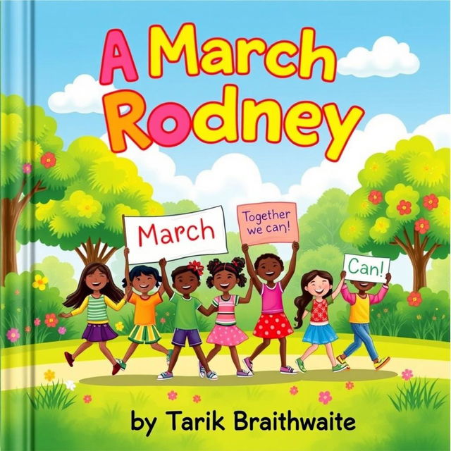 A colorful children's book cover featuring a diverse group of children holding hands and marching joyfully in a vibrant park setting