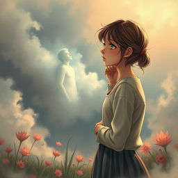 A poignant scene depicting a teenage girl gazing longingly at her boyfriend, who appears ethereal and ghostly as he fades into a misty cloud, symbolizing his presence after death