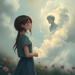 A poignant scene depicting a teenage girl gazing longingly at her boyfriend, who appears ethereal and ghostly as he fades into a misty cloud, symbolizing his presence after death