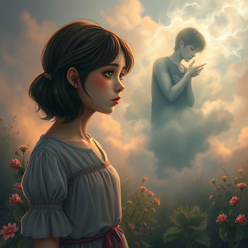 A poignant scene depicting a teenage girl gazing longingly at her boyfriend, who appears ethereal and ghostly as he fades into a misty cloud, symbolizing his presence after death