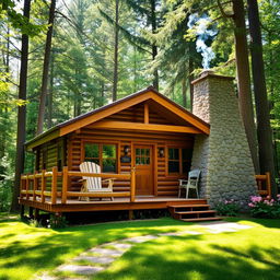 A charming wooden cabin situated in a tranquil forest setting, surrounded by lush greenery and tall trees