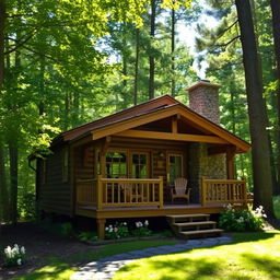 A charming wooden cabin situated in a tranquil forest setting, surrounded by lush greenery and tall trees