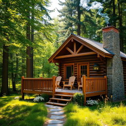 A charming wooden cabin situated in a tranquil forest setting, surrounded by lush greenery and tall trees