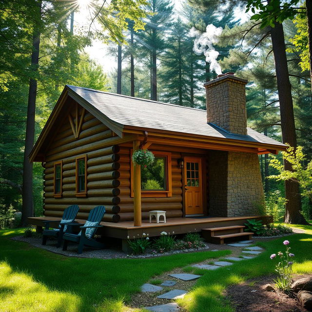 A charming wooden cabin situated in a tranquil forest setting, surrounded by lush greenery and tall trees