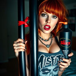 A close-up shot of a sexy female redhead with a large chest and visible cleavage, wearing a 'Misfits' tank top adorned with punk chains