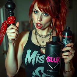 A close-up shot of a sexy female redhead with a large chest and visible cleavage, wearing a 'Misfits' tank top adorned with punk chains