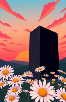 A vibrant, cartoony sunset over a coral horizon, casting warm pink and orange hues in the sky