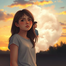 A touching scene depicting a teenage girl witnessing her deceased boyfriend within a fluffy, dreamy cloud, symbolizing his lingering presence in her life