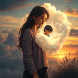 A touching scene depicting a teenage girl witnessing her deceased boyfriend within a fluffy, dreamy cloud, symbolizing his lingering presence in her life