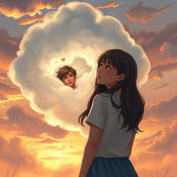 A touching scene depicting a teenage girl witnessing her deceased boyfriend within a fluffy, dreamy cloud, symbolizing his lingering presence in her life