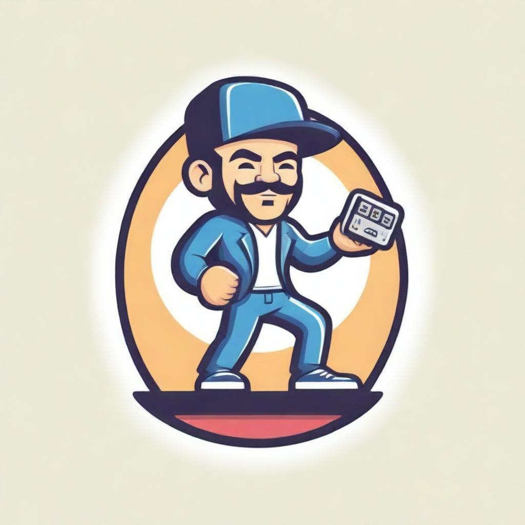 Logo design featuring a Lowrider theme cholo character confidently holding a hydraulics switch box. A cord emerges from the box, creatively going downwards then upwards, eventually shaping into the letter 'S' in 'Switchman Hydraulics'.