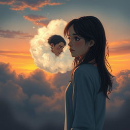 A touching scene depicting a teenage girl witnessing her deceased boyfriend within a fluffy, dreamy cloud, symbolizing his lingering presence in her life