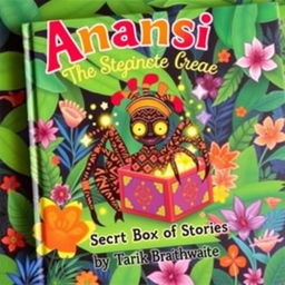 A whimsical children's book cover featuring Anansi the spider, elegantly designed with intricate patterns on his body