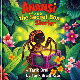 A whimsical children's book cover featuring Anansi the spider, elegantly designed with intricate patterns on his body