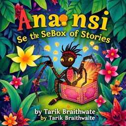 A whimsical children's book cover featuring Anansi the spider, elegantly designed with intricate patterns on his body