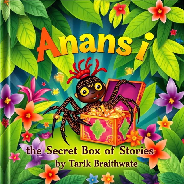 A whimsical children's book cover featuring Anansi the spider, elegantly designed with intricate patterns on his body