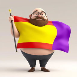 A 3D illustration of a chubby bald man with a beard and glasses, holding a horizontally striped flag