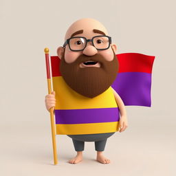 A 3D illustration of a chubby bald man with a beard and glasses, holding a horizontally striped flag