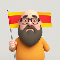 A 3D illustration of a chubby bald man with a beard and glasses, holding a horizontally striped flag