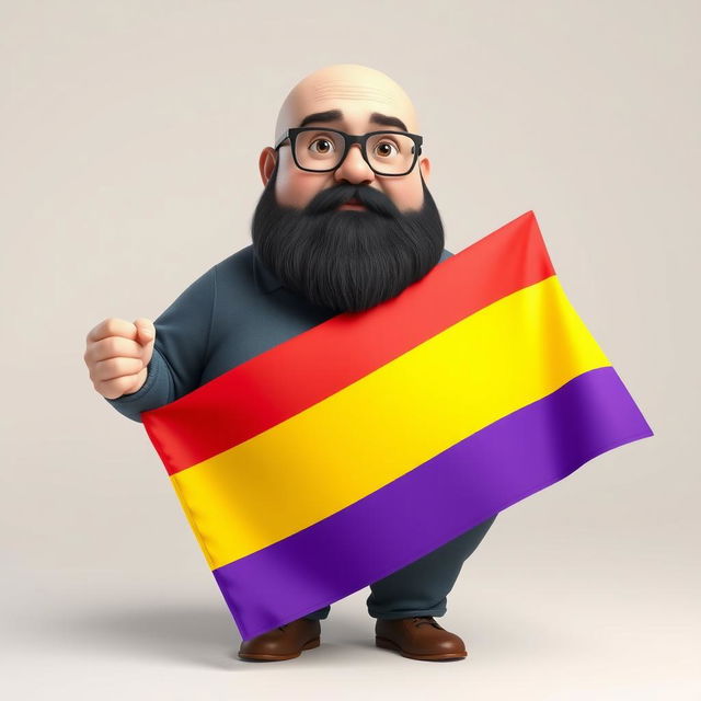 A 3D illustration of a chubby bald man with a beard and glasses, holding a horizontally striped flag