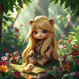 A whimsical Ewok character with long, flowing blonde hair, sitting in a lush green forest setting filled with vibrant foliage and colorful flowers