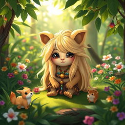 A whimsical Ewok character with long, flowing blonde hair, sitting in a lush green forest setting filled with vibrant foliage and colorful flowers