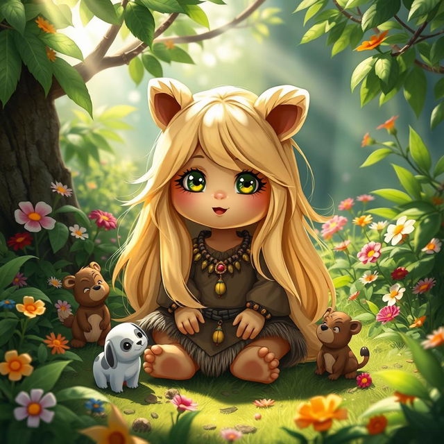 A whimsical Ewok character with long, flowing blonde hair, sitting in a lush green forest setting filled with vibrant foliage and colorful flowers