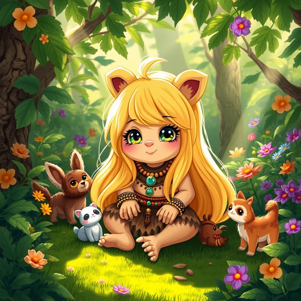 A whimsical Ewok character with long, flowing blonde hair, sitting in a lush green forest setting filled with vibrant foliage and colorful flowers