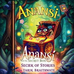 A captivating book cover featuring the title "Anansi and the Secret Box of Stories" by Tarik Braithwaite